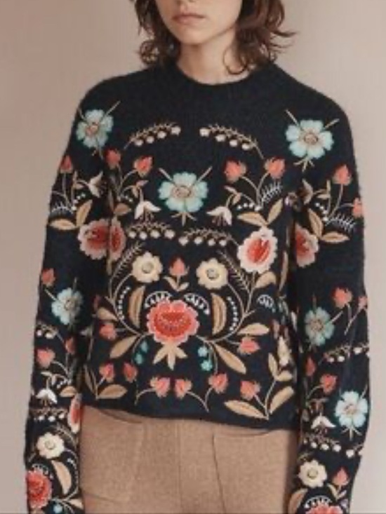 Aratta Silent Journey Sweaters - Aratta Silent Journey Embroidered Floral Crewneck Sweater Navy Blue Small